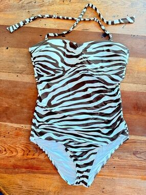Zebra-Print Strapless One-Piece Swimsuit — Brown & White